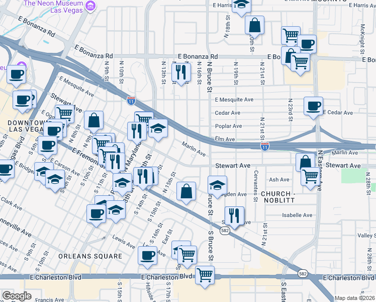 map of restaurants, bars, coffee shops, grocery stores, and more near 316 North 15th Street in Las Vegas