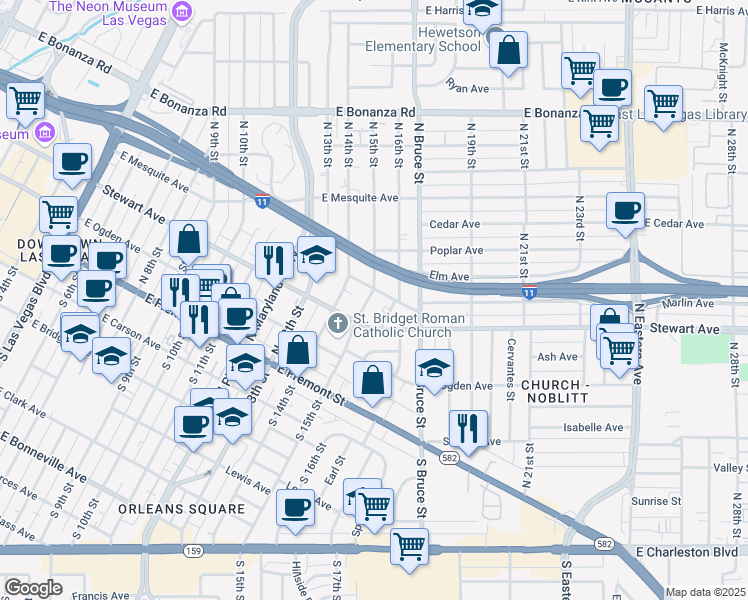 map of restaurants, bars, coffee shops, grocery stores, and more near 316 North 15th Street in Las Vegas
