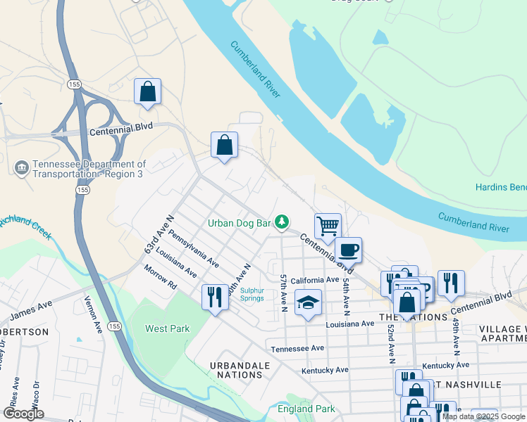 map of restaurants, bars, coffee shops, grocery stores, and more near 6100 Centennial Boulevard in Nashville