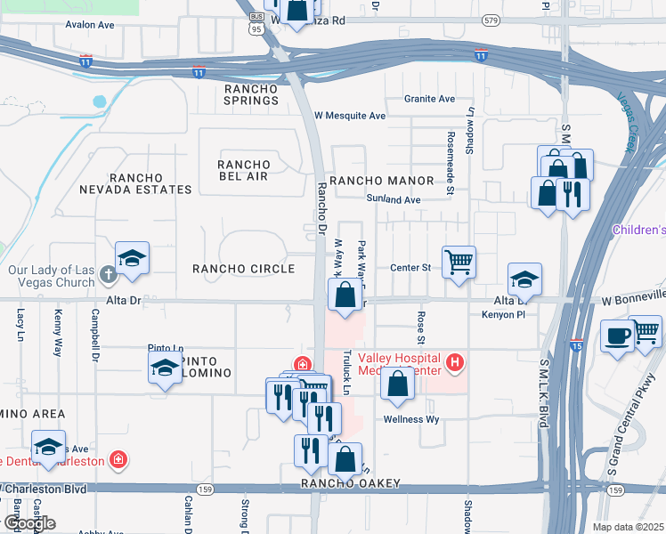 map of restaurants, bars, coffee shops, grocery stores, and more near 412 Park Way West in Las Vegas