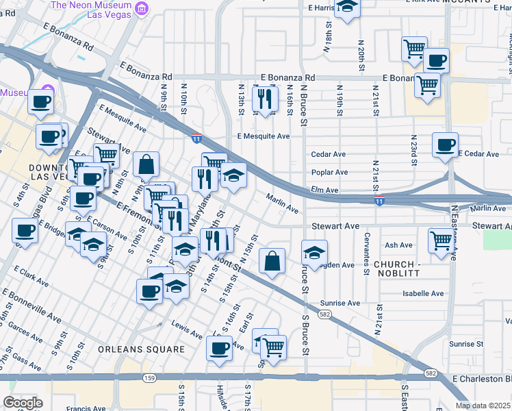 map of restaurants, bars, coffee shops, grocery stores, and more near 312 North 14th Street in Las Vegas