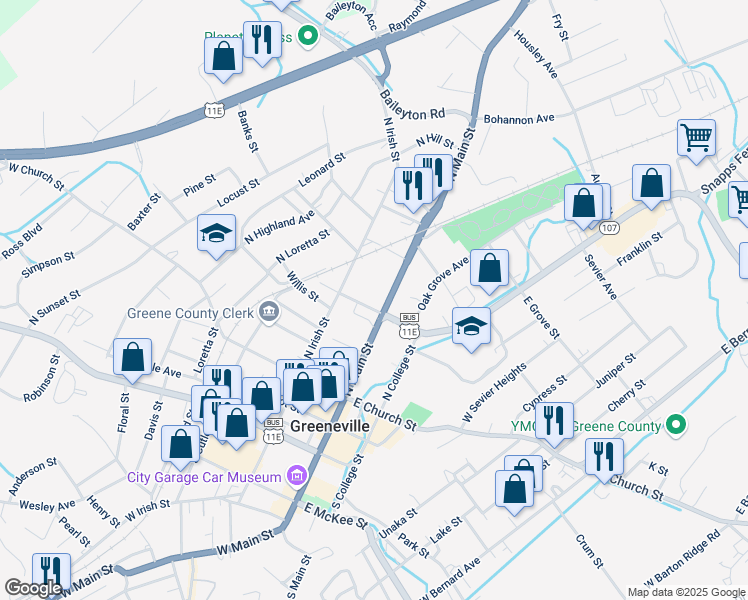 map of restaurants, bars, coffee shops, grocery stores, and more near 307 North Main Street in Greeneville