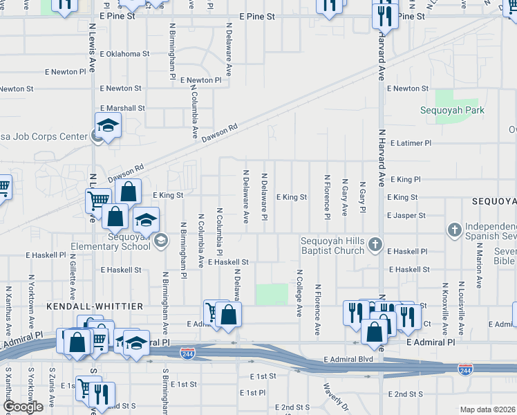 map of restaurants, bars, coffee shops, grocery stores, and more near 847 North Delaware Place in Tulsa