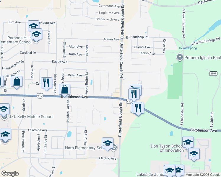 map of restaurants, bars, coffee shops, grocery stores, and more near 3190 East Robinson Avenue in Springdale