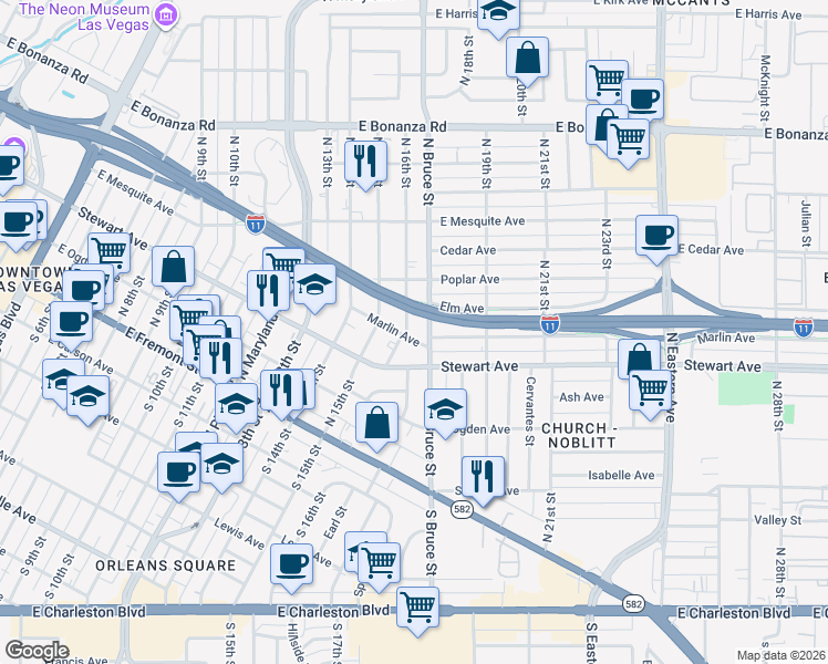 map of restaurants, bars, coffee shops, grocery stores, and more near 1601 Marlin Avenue in Las Vegas