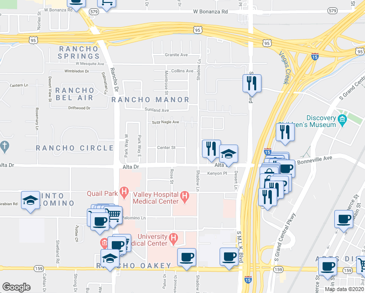 map of restaurants, bars, coffee shops, grocery stores, and more near 1850 Center Street in Las Vegas