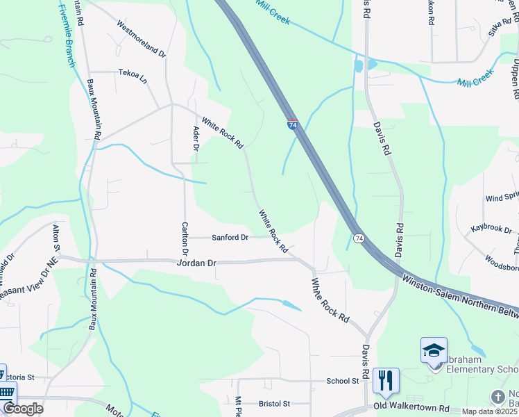 map of restaurants, bars, coffee shops, grocery stores, and more near White Rock Road in Winston-Salem
