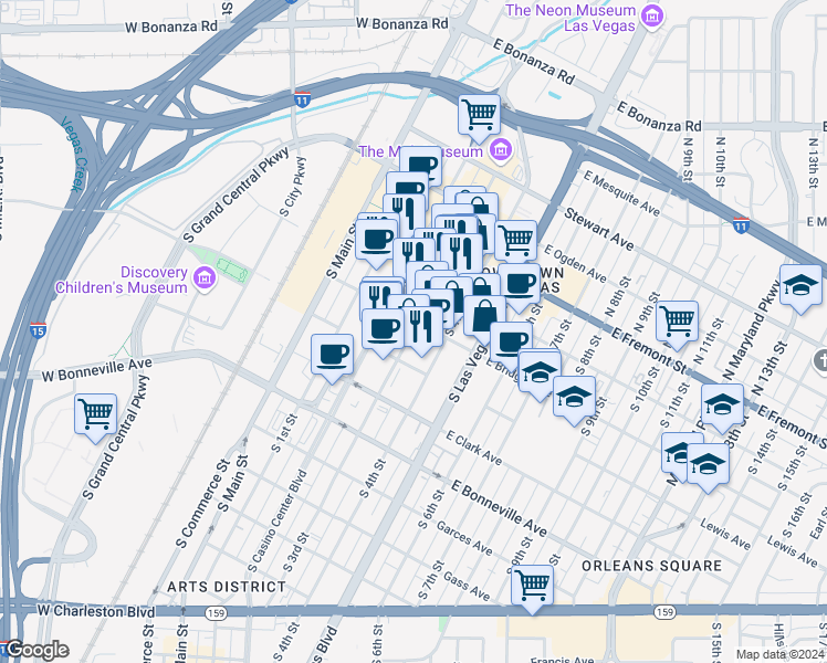 map of restaurants, bars, coffee shops, grocery stores, and more near 320 South 3rd Street in Las Vegas