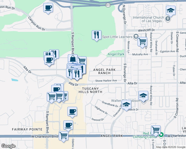 map of restaurants, bars, coffee shops, grocery stores, and more near 8645 Crest Hill in Las Vegas