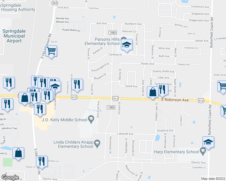map of restaurants, bars, coffee shops, grocery stores, and more near 1905 County Road 1083 in Springdale