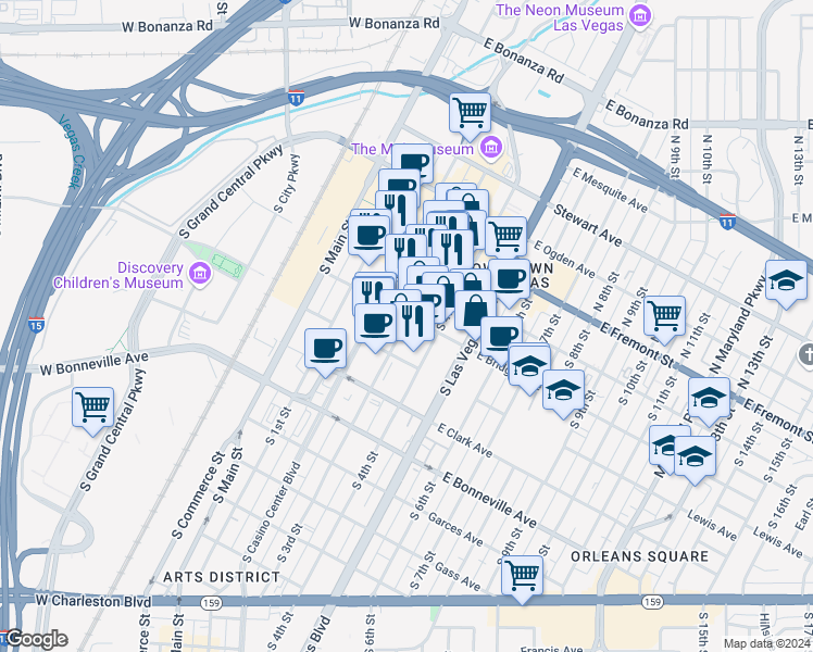 map of restaurants, bars, coffee shops, grocery stores, and more near 302 East Carson Avenue in Las Vegas