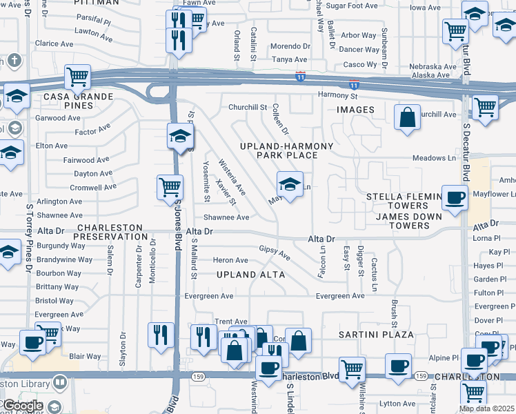 map of restaurants, bars, coffee shops, grocery stores, and more near 377 Wisteria Avenue in Las Vegas