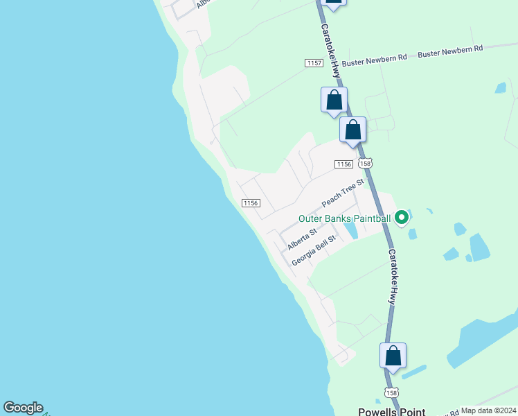 map of restaurants, bars, coffee shops, grocery stores, and more near 117 Shore Drive in Jarvisburg