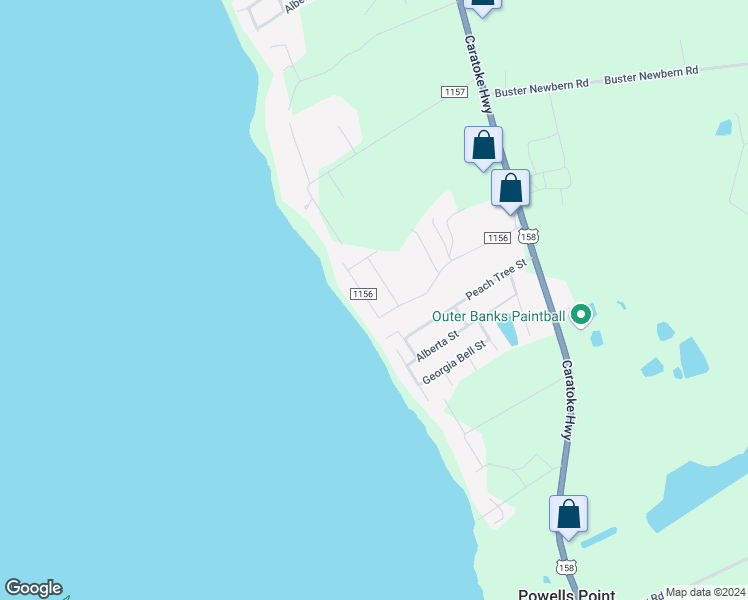 map of restaurants, bars, coffee shops, grocery stores, and more near 117 Shore Drive in Jarvisburg