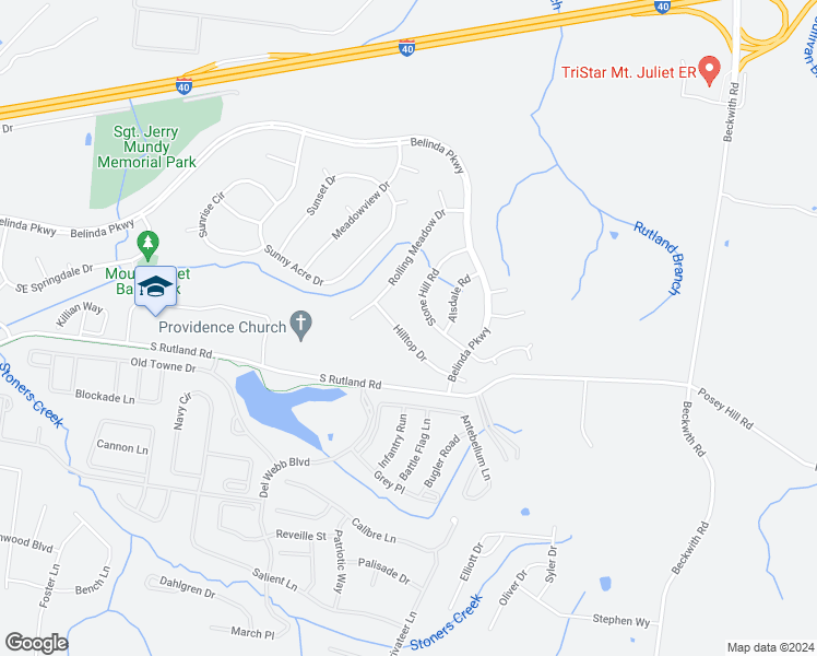 map of restaurants, bars, coffee shops, grocery stores, and more near 1411 Hilltop Drive in Mount Juliet