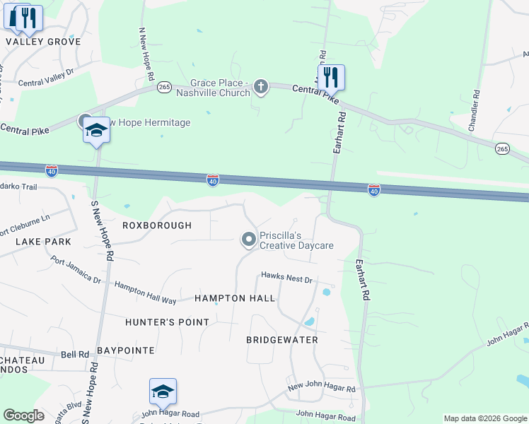 map of restaurants, bars, coffee shops, grocery stores, and more near 5305 Roxborough Pass in Nashville