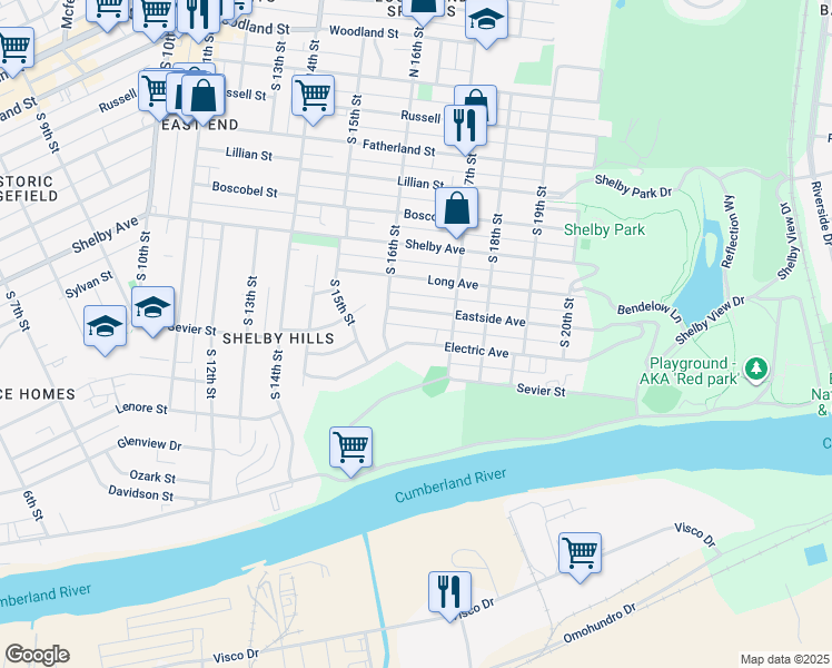 map of restaurants, bars, coffee shops, grocery stores, and more near 1612 Eastside Avenue in Nashville