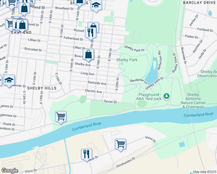 map of restaurants, bars, coffee shops, grocery stores, and more near 1902 Eastside Avenue in Nashville