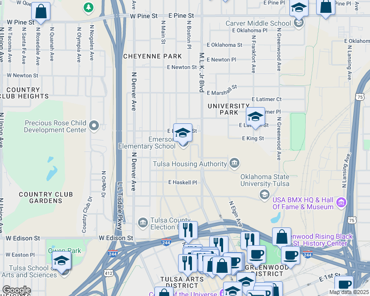 map of restaurants, bars, coffee shops, grocery stores, and more near 909 North Boston Avenue in Tulsa