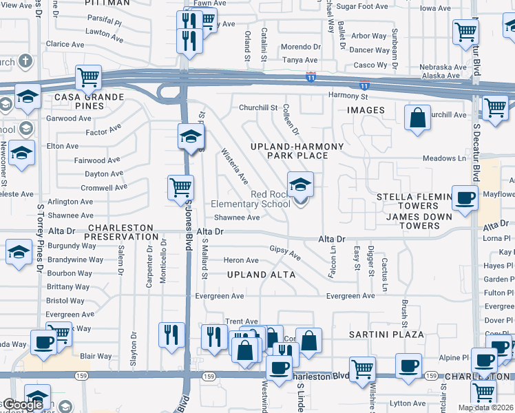 map of restaurants, bars, coffee shops, grocery stores, and more near 377 Wisteria Avenue in Las Vegas