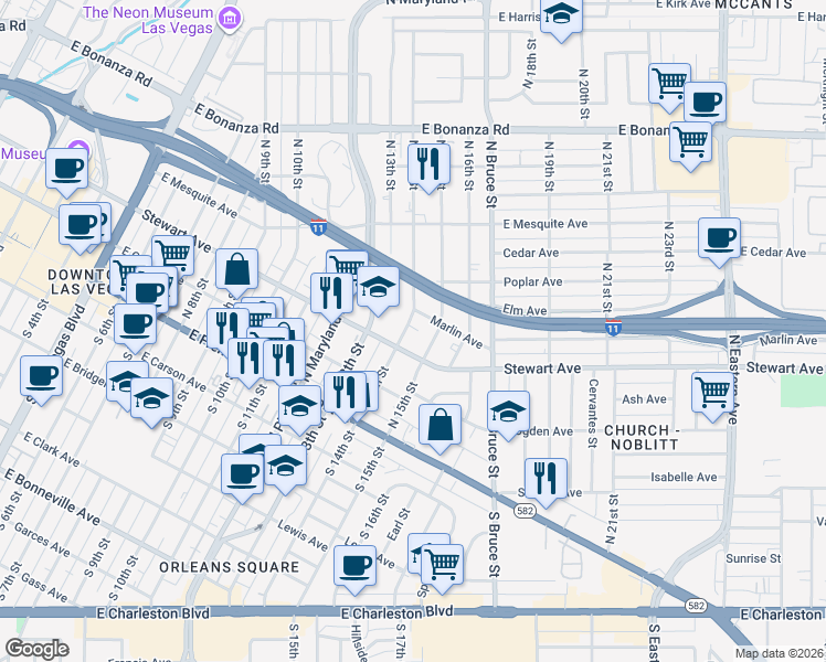 map of restaurants, bars, coffee shops, grocery stores, and more near 330 North 14th Street in Las Vegas