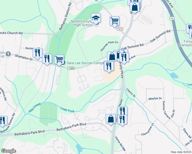 map of restaurants, bars, coffee shops, grocery stores, and more near 5013 Eltha Drive in Winston-Salem