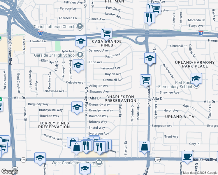 map of restaurants, bars, coffee shops, grocery stores, and more near 6225 Arlington Avenue in Las Vegas