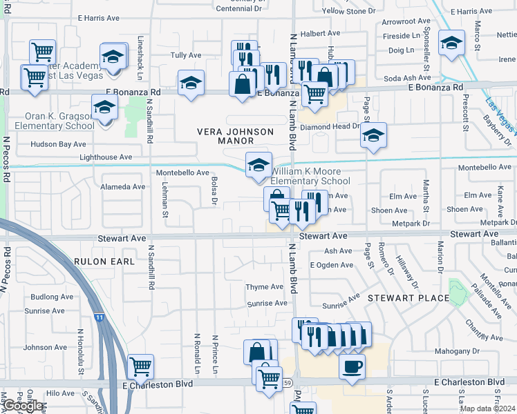 map of restaurants, bars, coffee shops, grocery stores, and more near 437 North Lamb Boulevard in Las Vegas