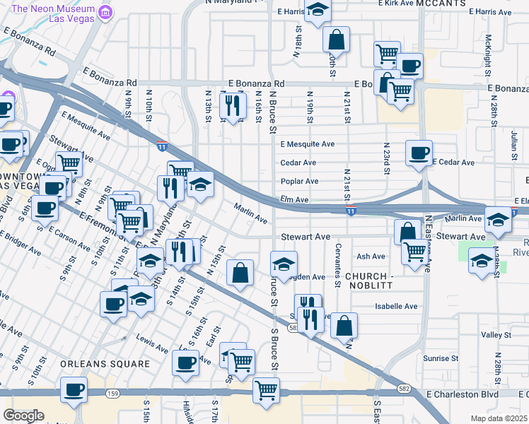 map of restaurants, bars, coffee shops, grocery stores, and more near 329 North Bruce Street in Las Vegas