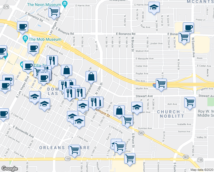 map of restaurants, bars, coffee shops, grocery stores, and more near 300 North 13th Street in Las Vegas