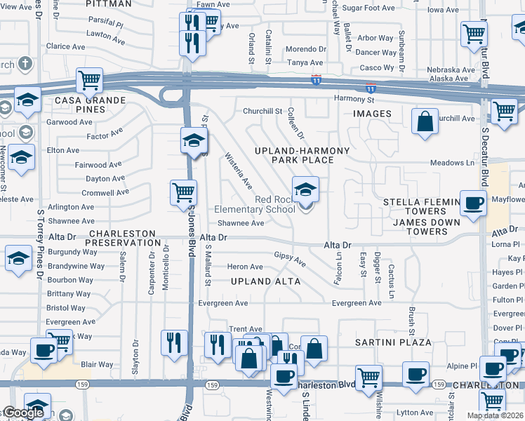 map of restaurants, bars, coffee shops, grocery stores, and more near 377 Wisteria Avenue in Las Vegas