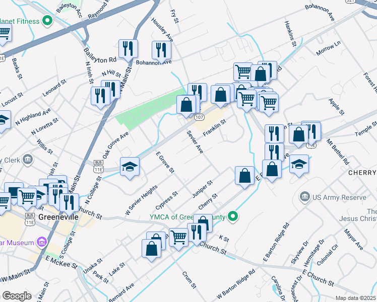 map of restaurants, bars, coffee shops, grocery stores, and more near 202 Sevier Avenue in Greeneville