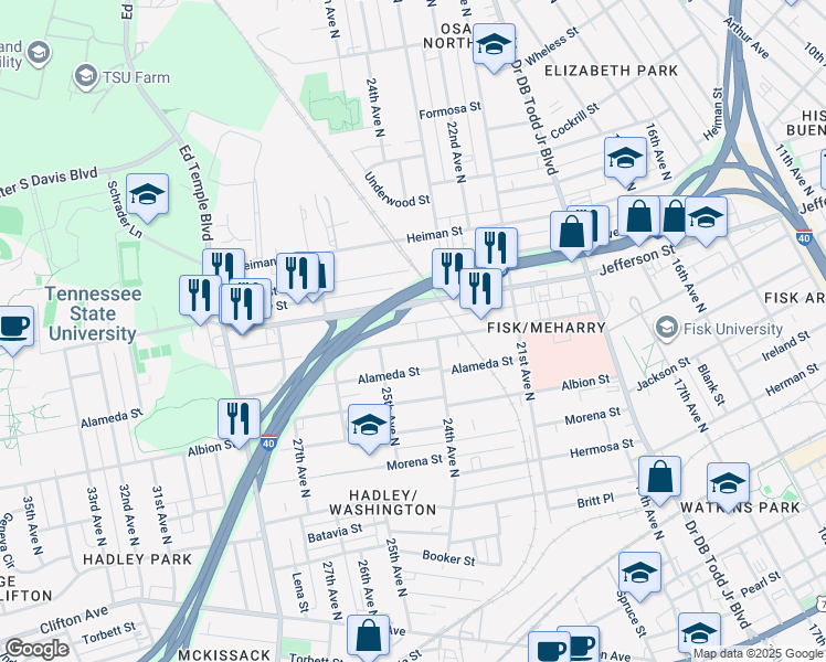 map of restaurants, bars, coffee shops, grocery stores, and more near 2417 Jefferson Street in Nashville