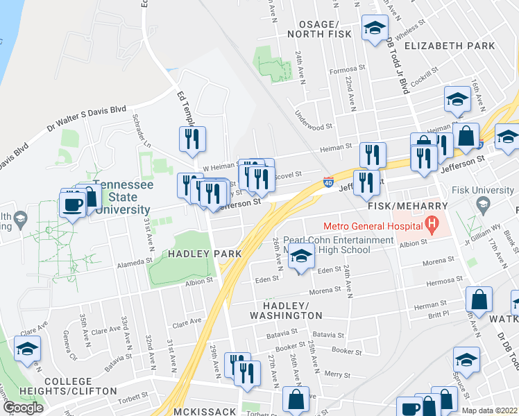 map of restaurants, bars, coffee shops, grocery stores, and more near 2603 Jefferson Street in Nashville