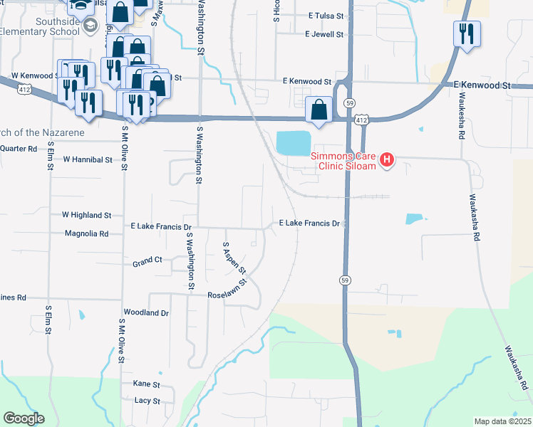 map of restaurants, bars, coffee shops, grocery stores, and more near 1009 East Lake Francis Drive in Siloam Springs