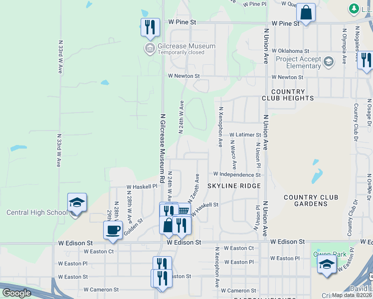 map of restaurants, bars, coffee shops, grocery stores, and more near 908 North Zenith Place in Tulsa