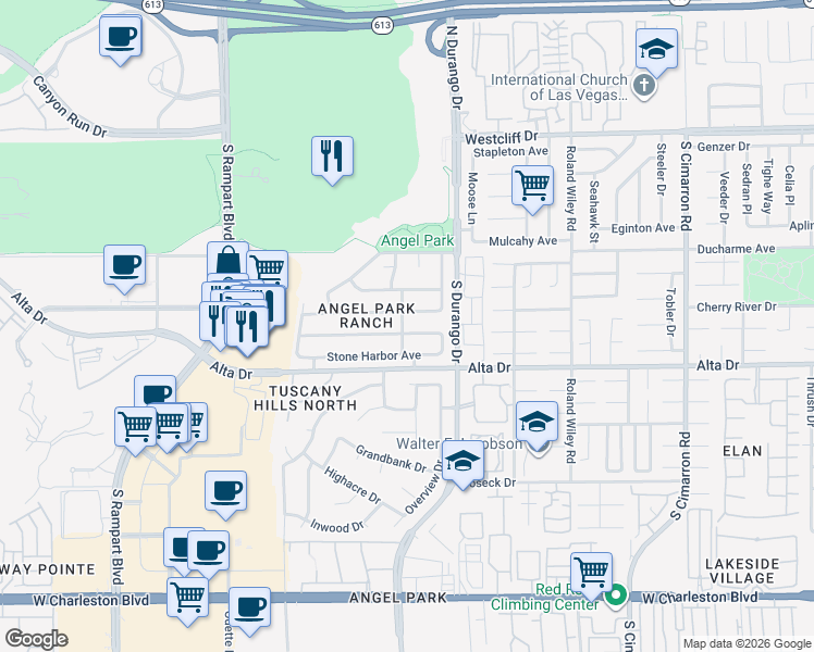 map of restaurants, bars, coffee shops, grocery stores, and more near 8524 Highland View in Las Vegas