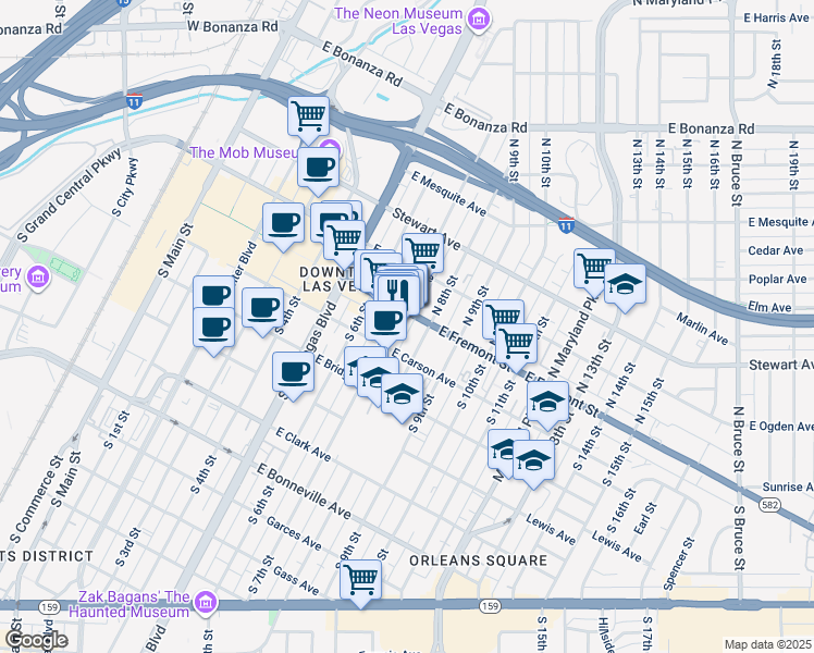 map of restaurants, bars, coffee shops, grocery stores, and more near 25 South 7th Street in Las Vegas
