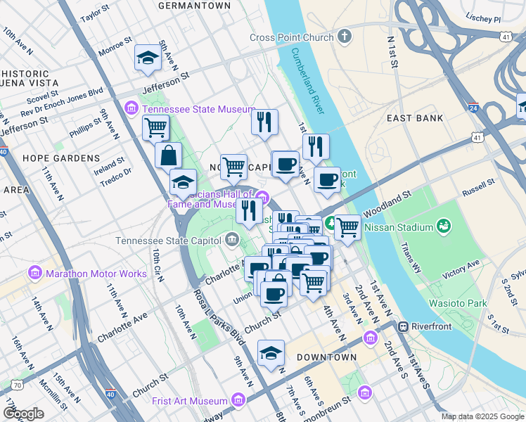 map of restaurants, bars, coffee shops, grocery stores, and more near 401 Gay Street in Nashville
