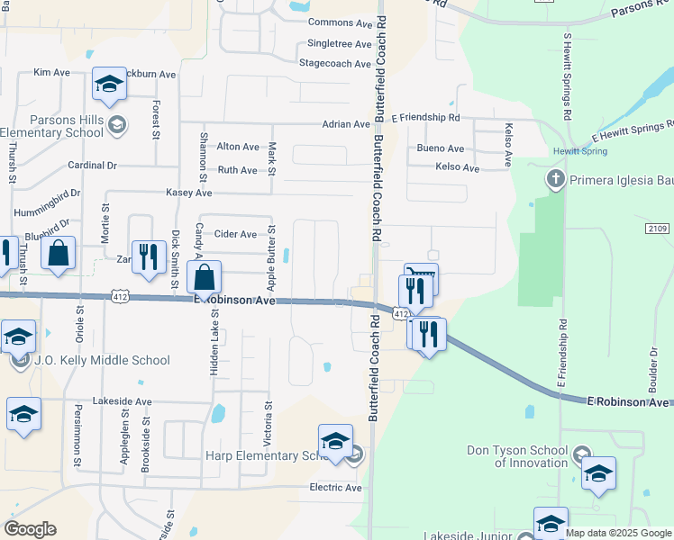 map of restaurants, bars, coffee shops, grocery stores, and more near 3190 East Robinson Avenue in Springdale