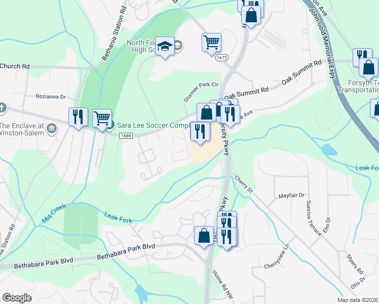map of restaurants, bars, coffee shops, grocery stores, and more near 5001 Eltha Drive in Winston-Salem