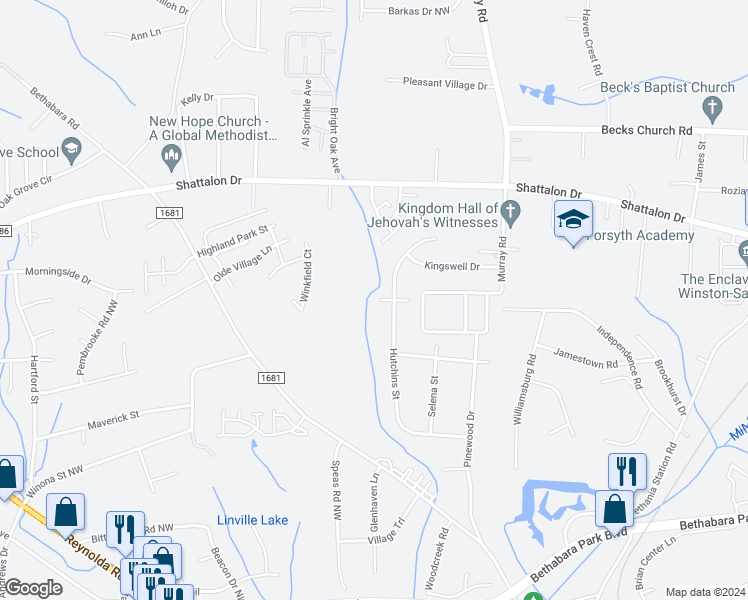 map of restaurants, bars, coffee shops, grocery stores, and more near 5009 Pinewood Court in Winston-Salem