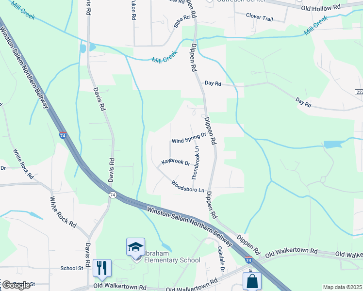 map of restaurants, bars, coffee shops, grocery stores, and more near 5041 Wind Spring Drive in Winston-Salem