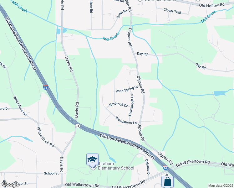 map of restaurants, bars, coffee shops, grocery stores, and more near 5041 Wind Spring Drive in Winston-Salem
