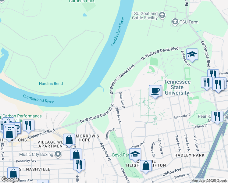 map of restaurants, bars, coffee shops, grocery stores, and more near 3820 Tigerbelle Drive in Nashville