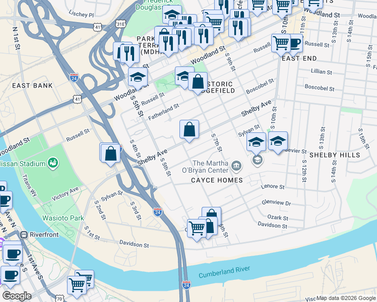 map of restaurants, bars, coffee shops, grocery stores, and more near 501A South 6th Street in Nashville