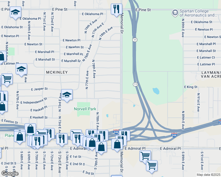 map of restaurants, bars, coffee shops, grocery stores, and more near 7839 East Jasper Street in Tulsa