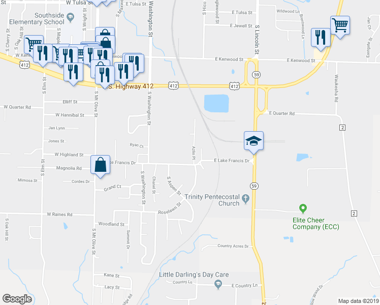 map of restaurants, bars, coffee shops, grocery stores, and more near 2008 Azlin Place in Siloam Springs