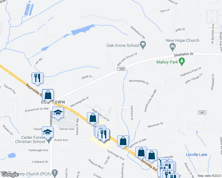 map of restaurants, bars, coffee shops, grocery stores, and more near 4308 Morningside Drive in Winston-Salem