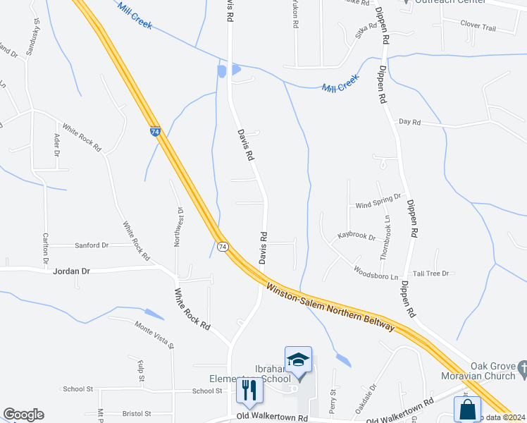 map of restaurants, bars, coffee shops, grocery stores, and more near 5036 Davis Road in Winston-Salem
